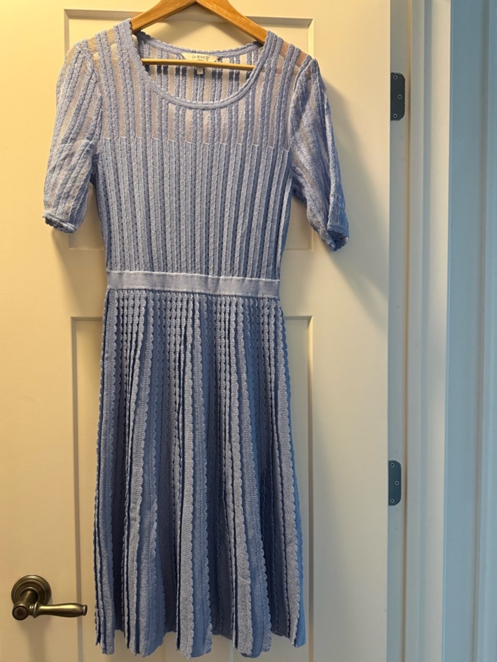Lk Bennett Textured Light Blue Midi Dress with Scalloped Knit Detail